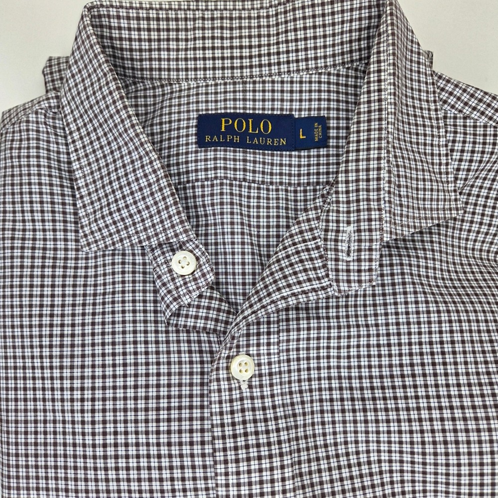 Polo Ralph Lauren Mens Large Brown White Micro Check Cotton Button Down Shirt